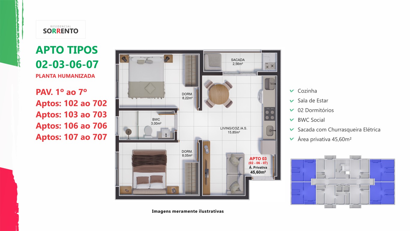 Tipo 2, 3, 6 e 7 (2 quartos)