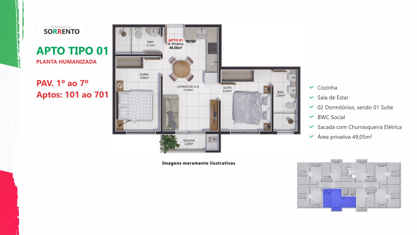 Tipo 1( 2 quartos c/ suite)