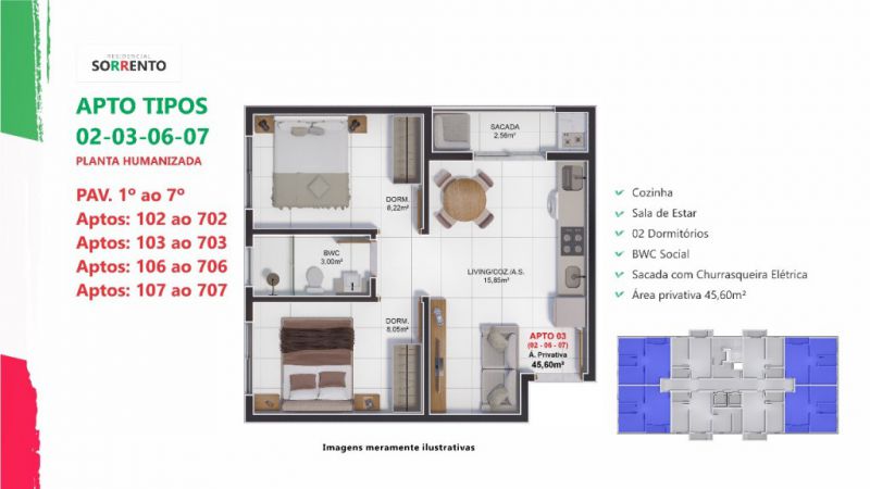 Tipo 2, 3, 6 e 7 (2 quartos)